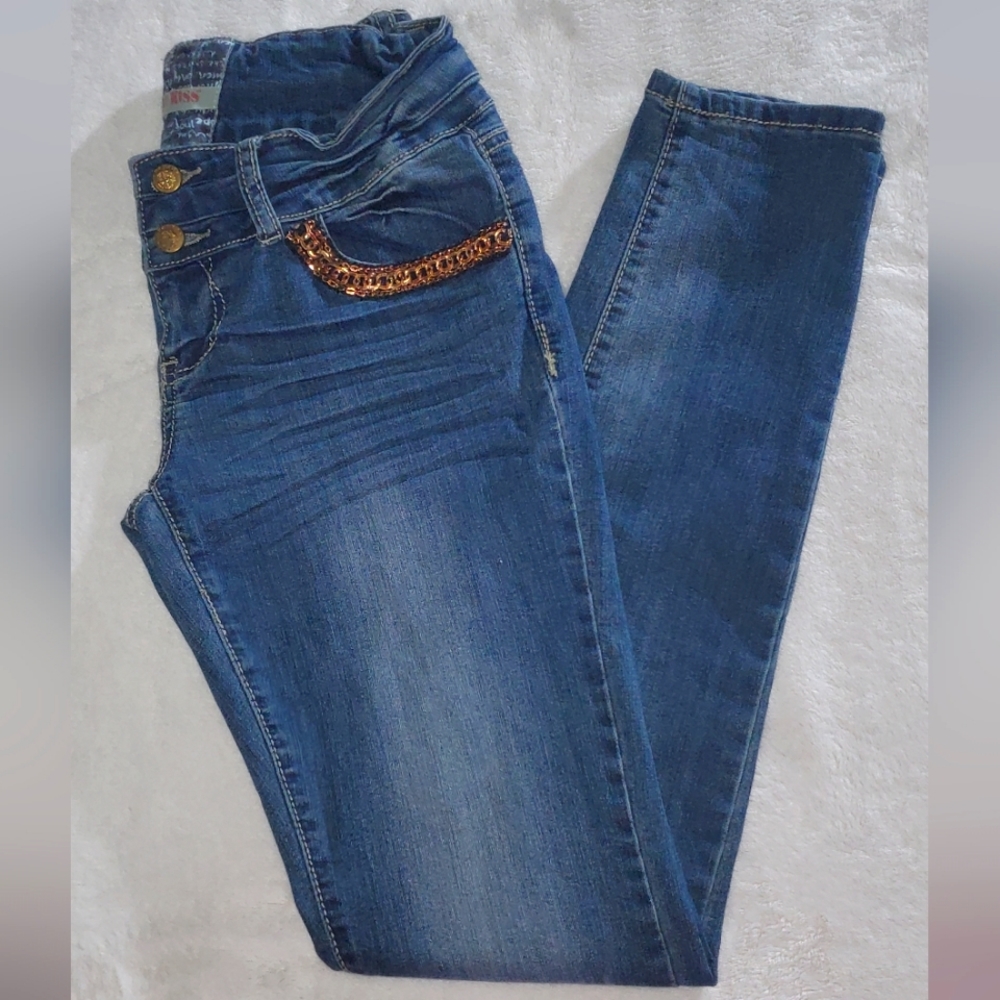 Hot Kiss Skinny Lily Blue Jeans, Size 7, Gold Chain Design